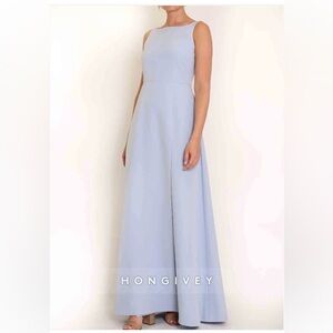 Hongivey BlueSide Slit V-back Pleated Sleeveless Bateau Neck Floor-length Dress